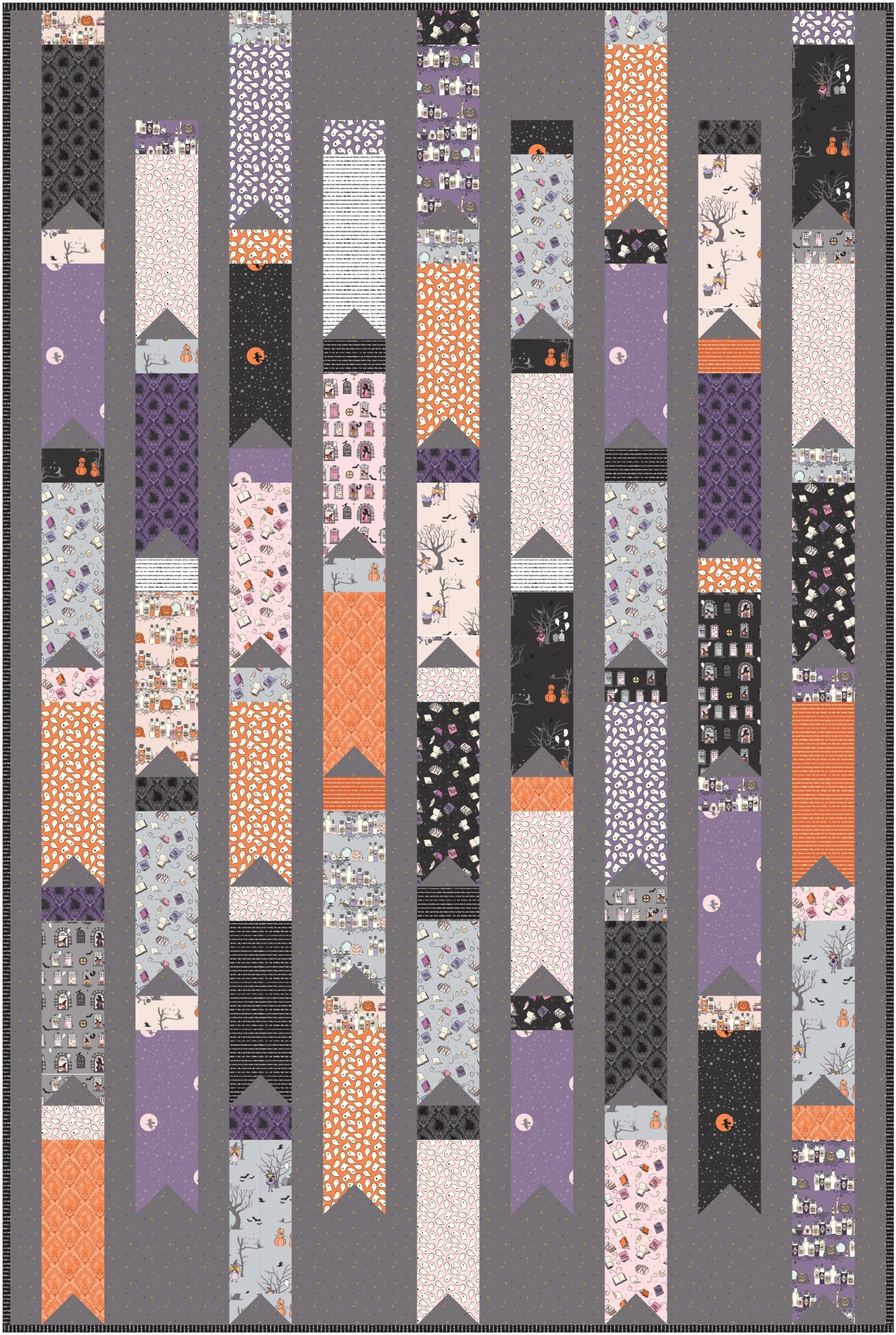 mockup of the breezy bunting quilt in halloween fabrics