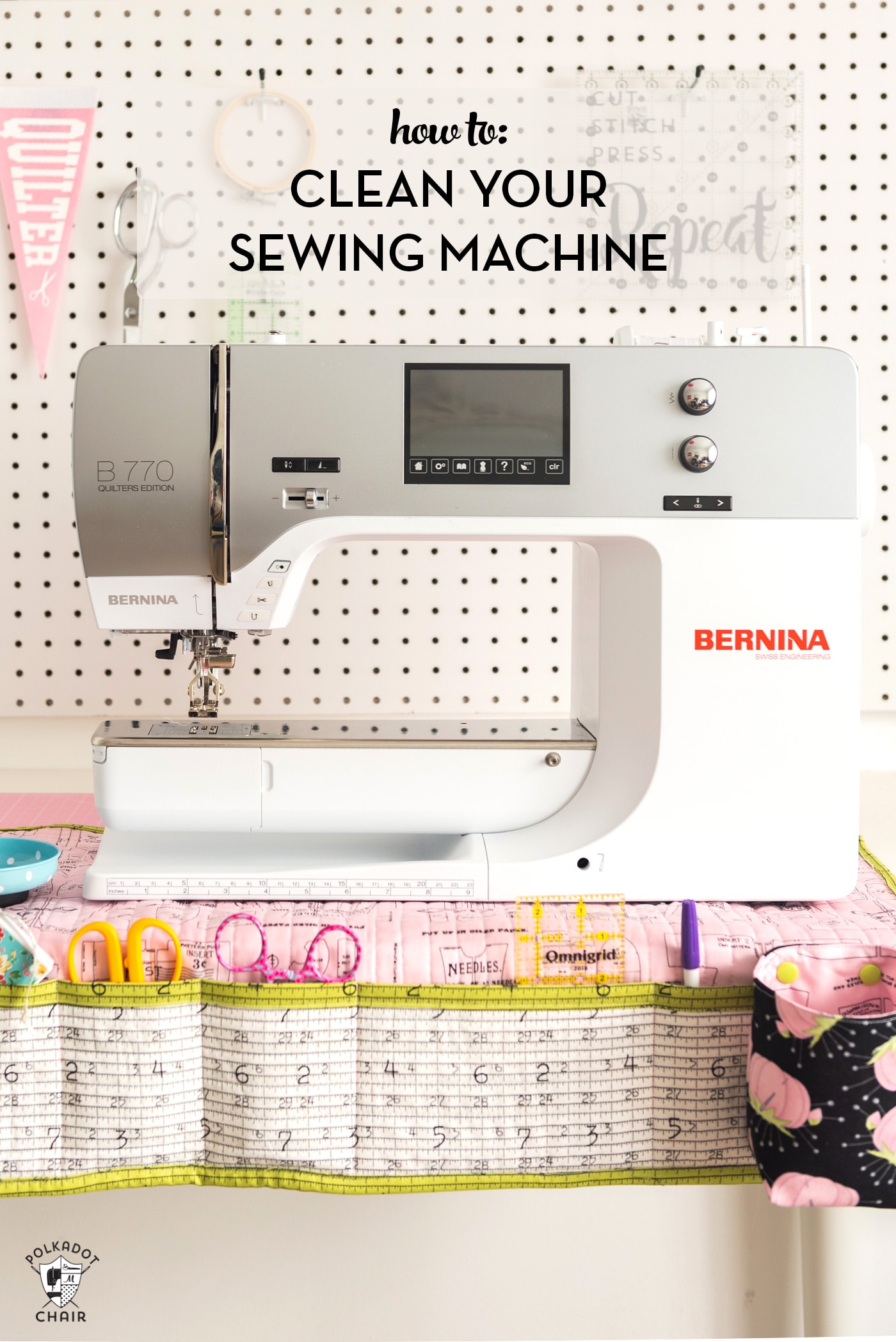 bernina sewing machine in front of white peg board