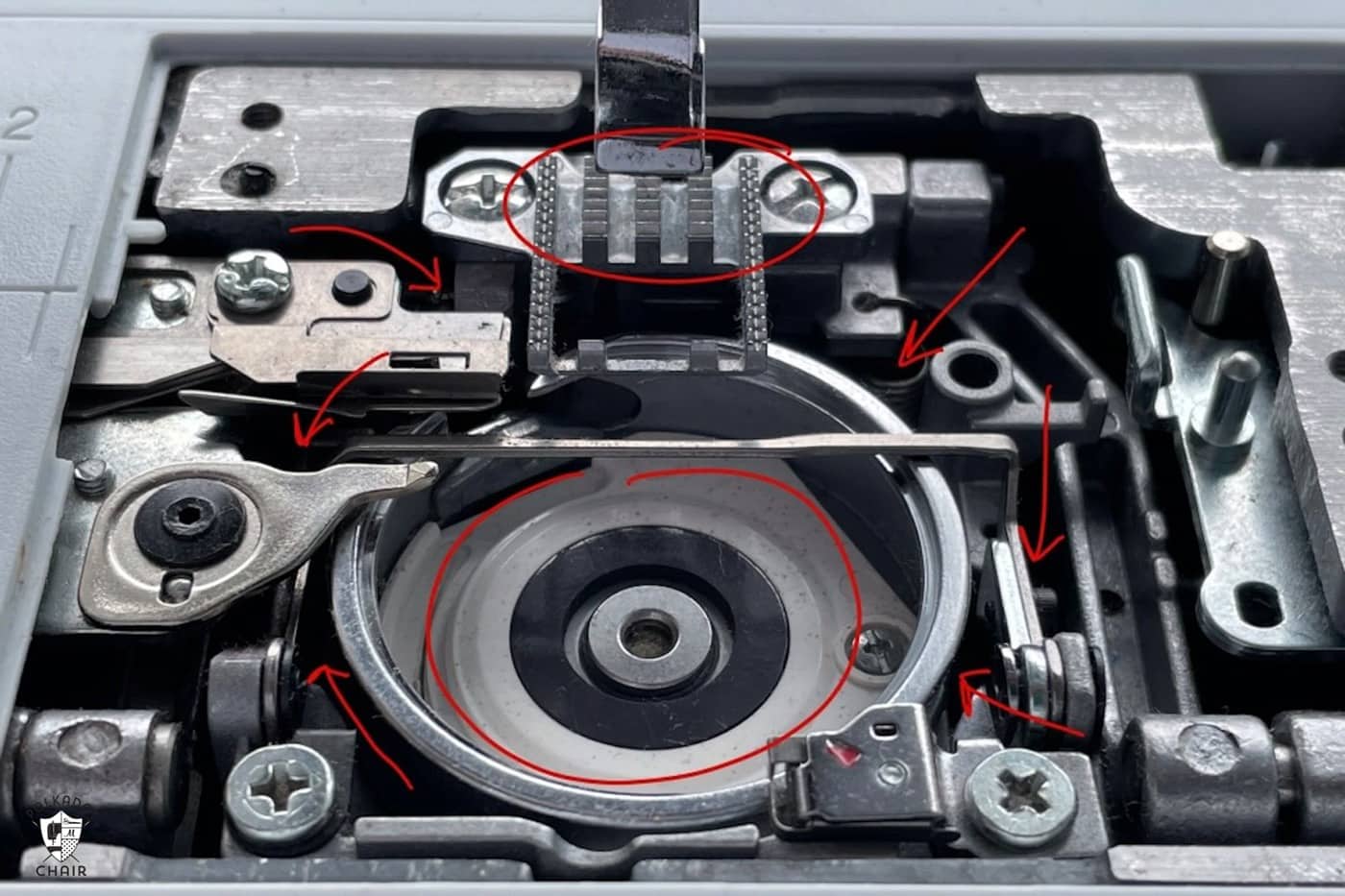 close up of sewing machine gears