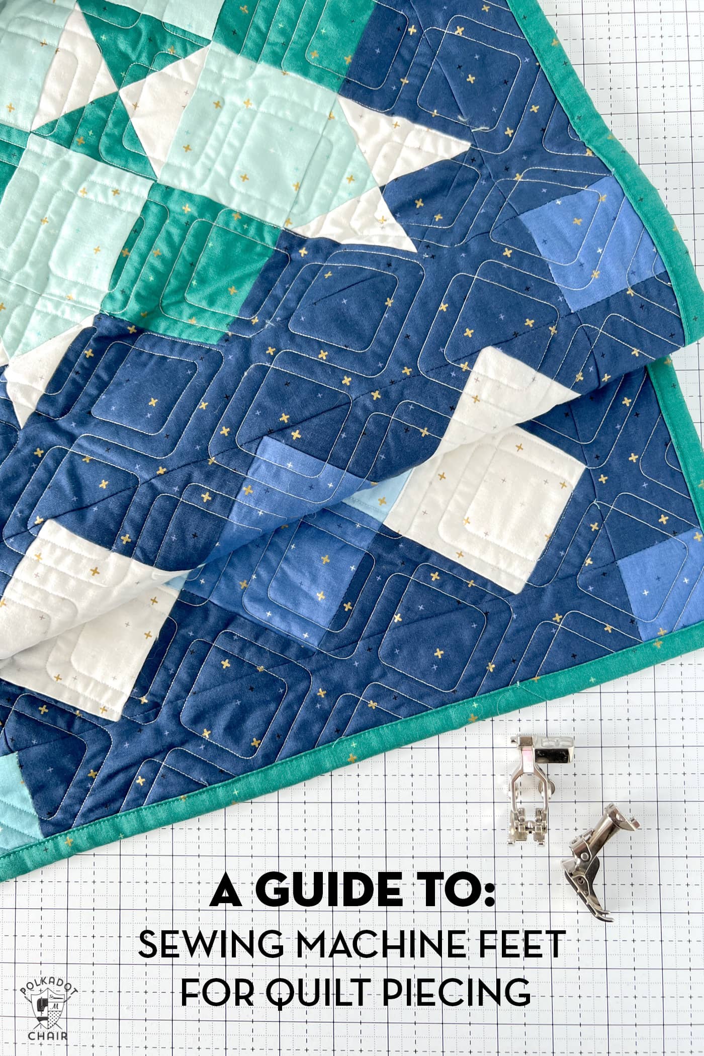 blue quilt and sewing machine feet on cutting mat