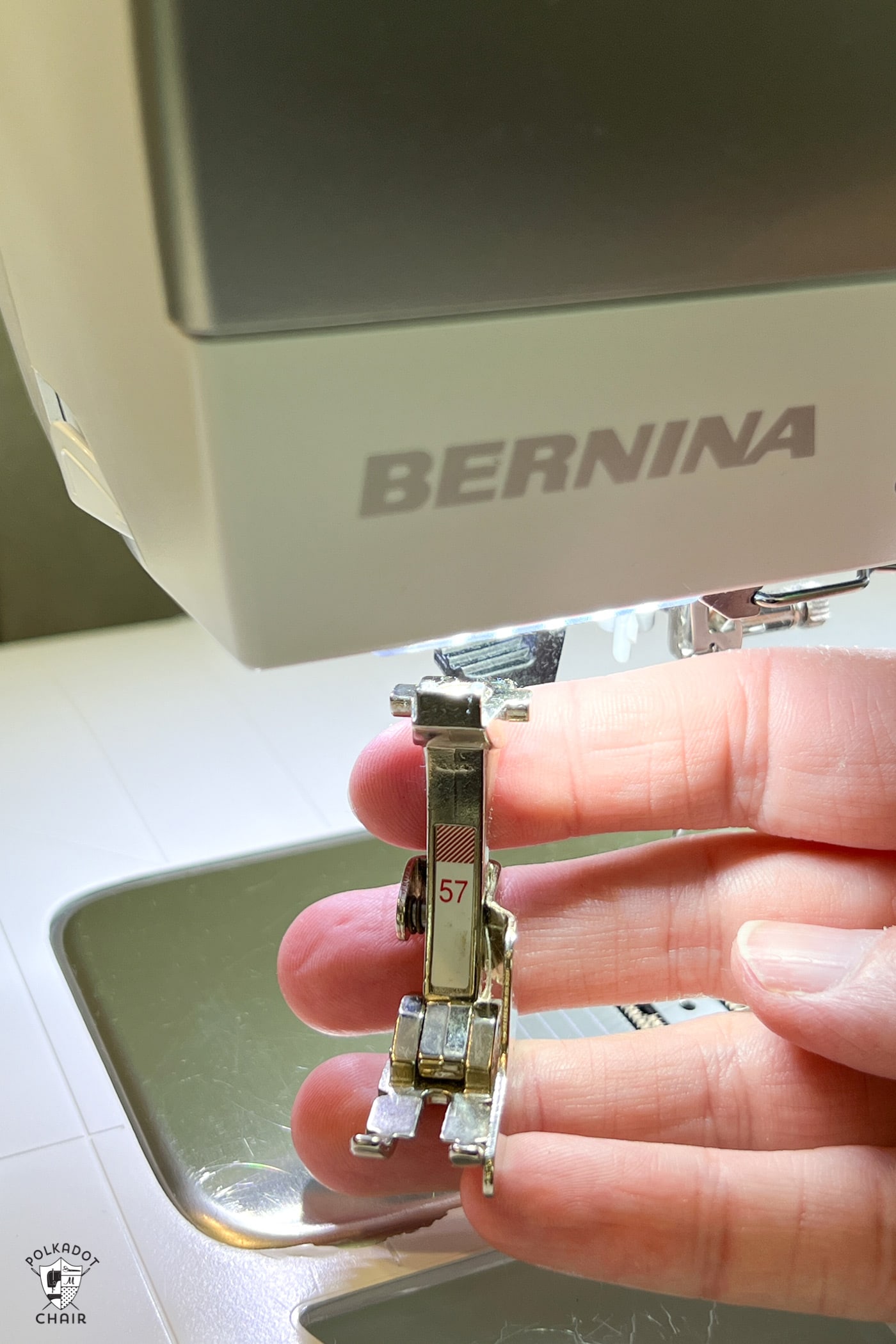 close up of sewing machine foot