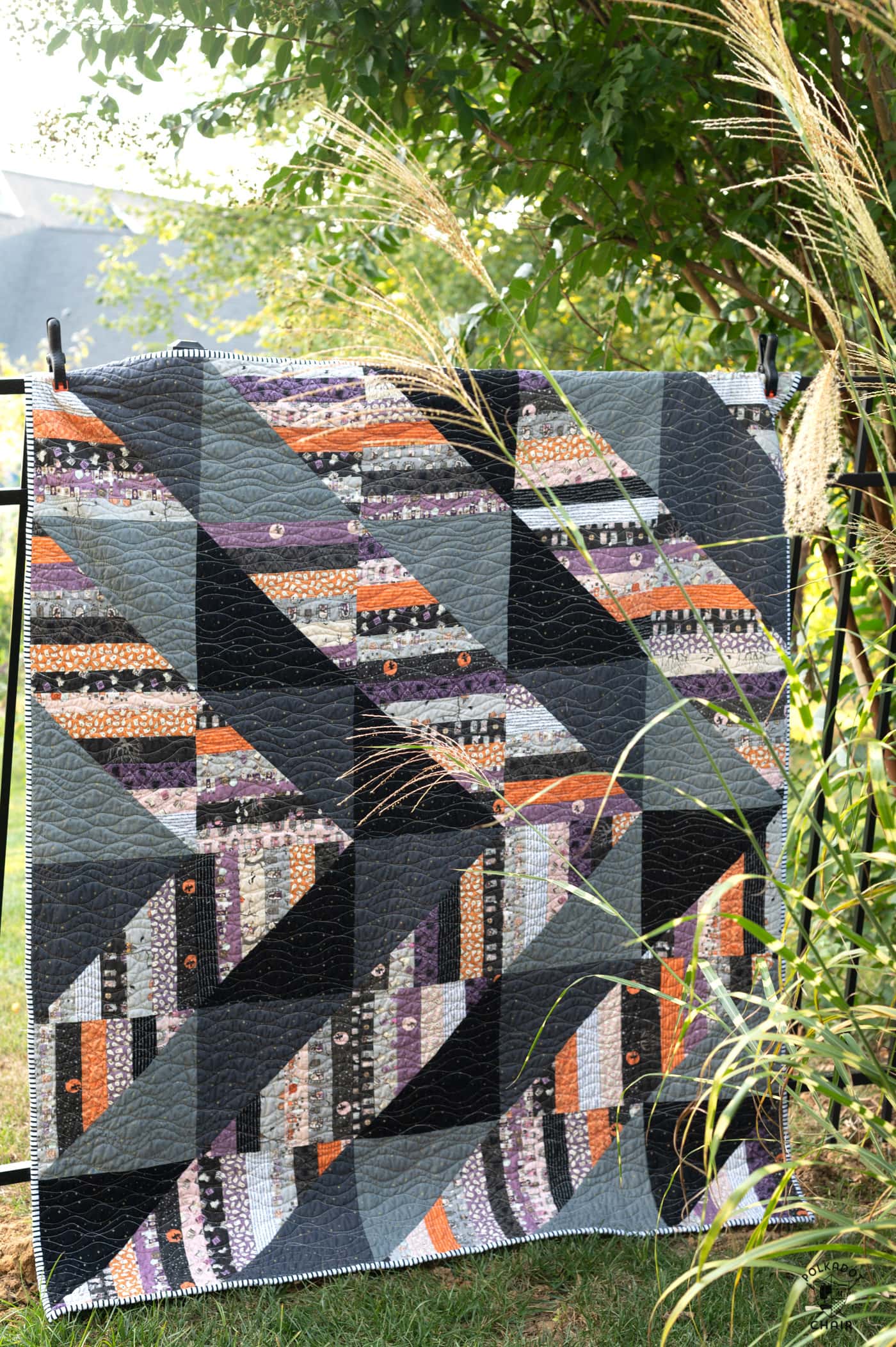 black, purple, pink and gray string halloween quilt