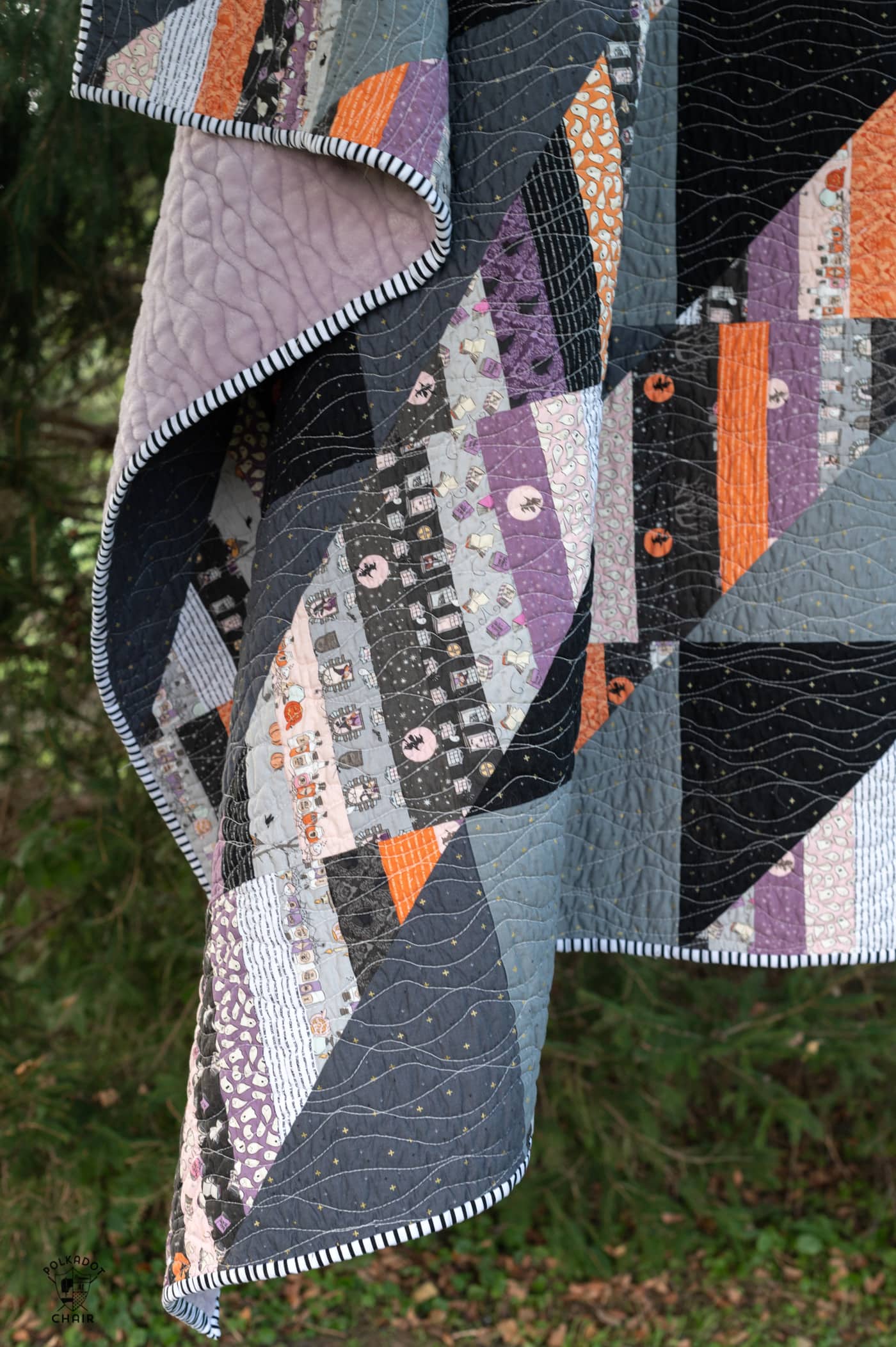 black, purple, pink and gray string halloween quilt