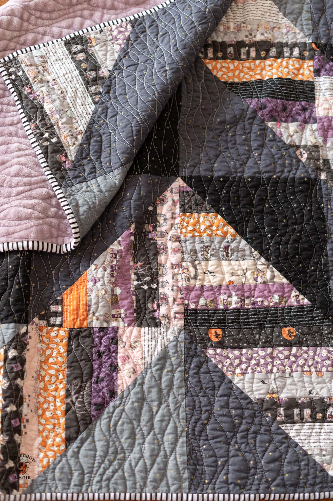 black, purple, pink and gray string halloween quilt closeup