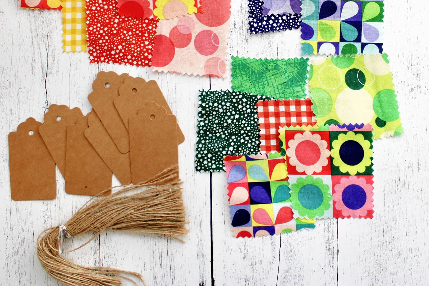 fabric scraps on white wood table