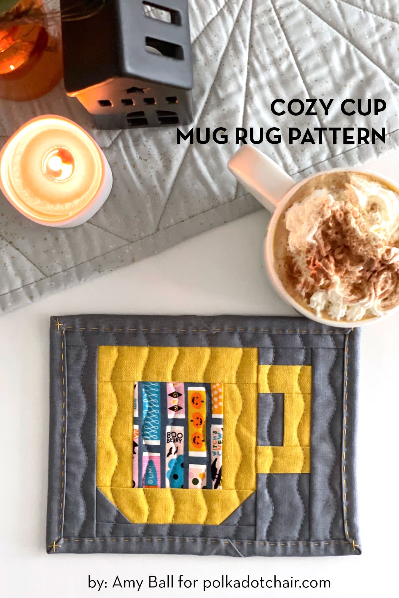 quilted mug rug pattern on table with cup of hot chocolate