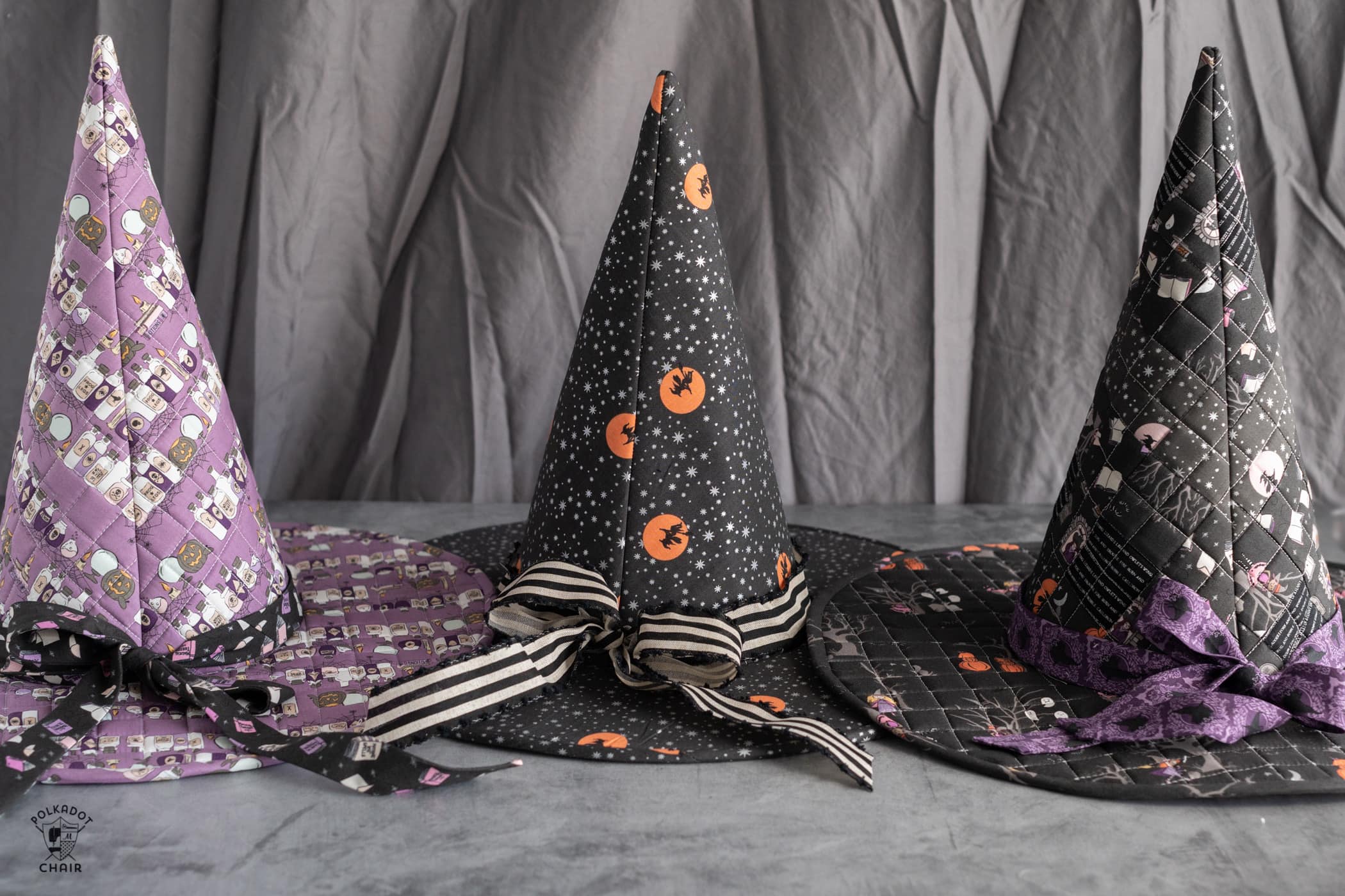 stack of quilted witch hats on table