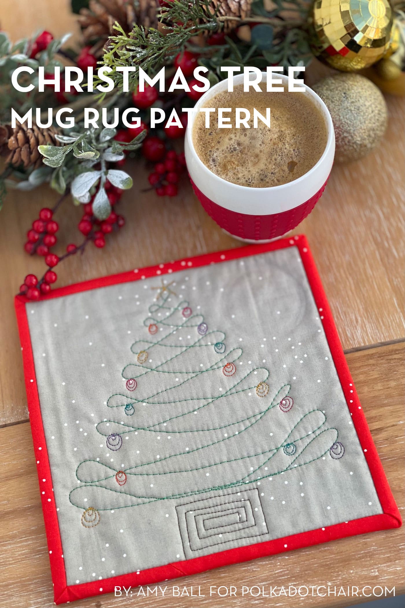 gray and red mug rug on wood table with coffee cup and christmas decorations