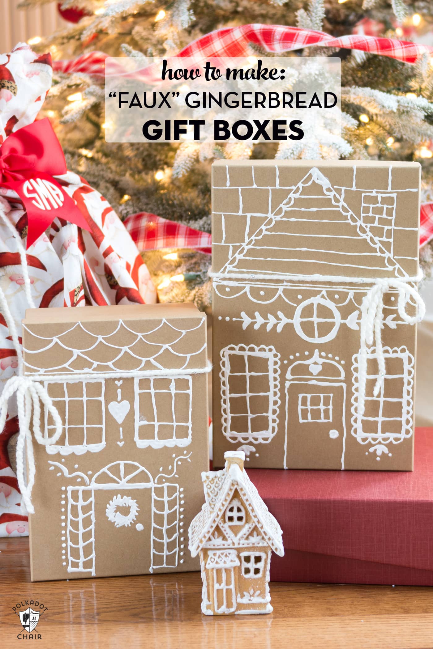 paper gingerbread house gift boxes in front of christmas tree