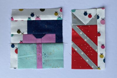 scraps of fabric squares and rectangles in colorful fabrics on white table