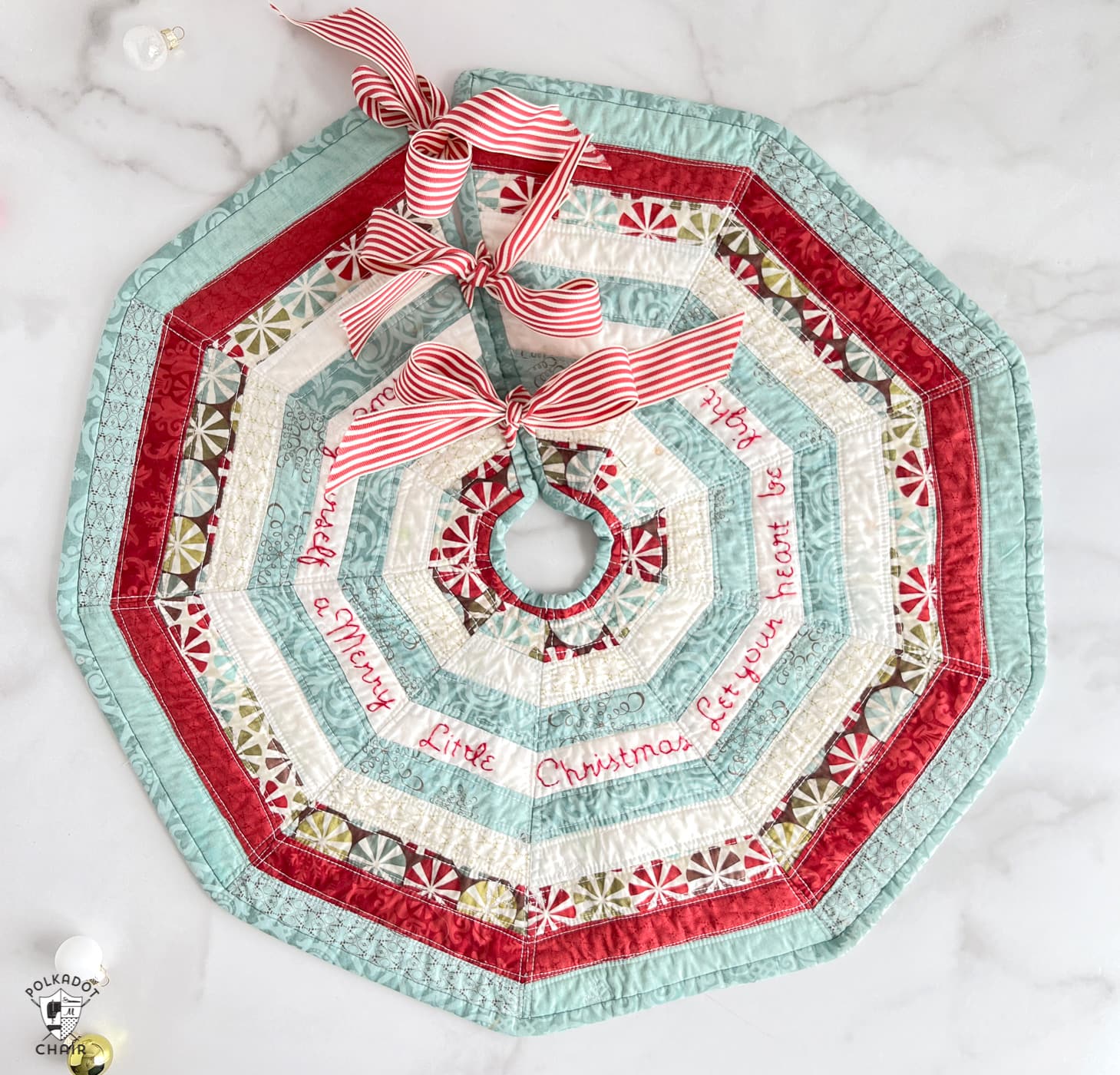 striped mini tree skirt on white marble table