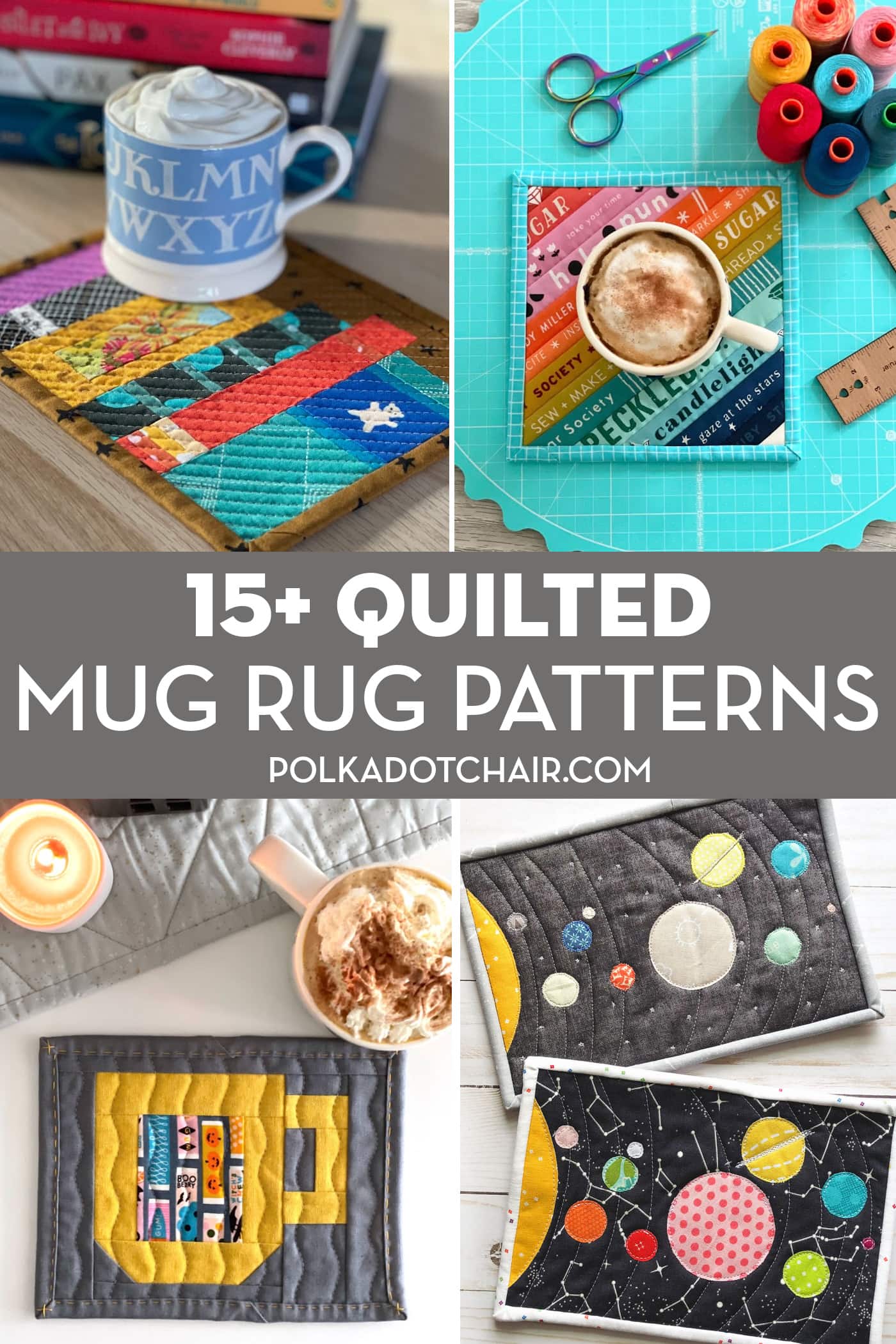 collage image of quilted mug rugs