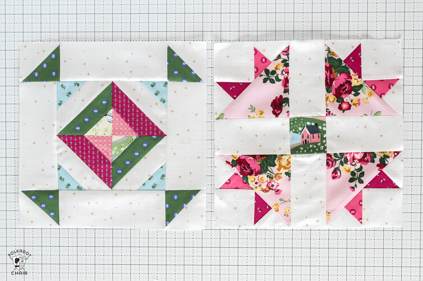 pink, green and blue quilt block pattern on a white cutting mat