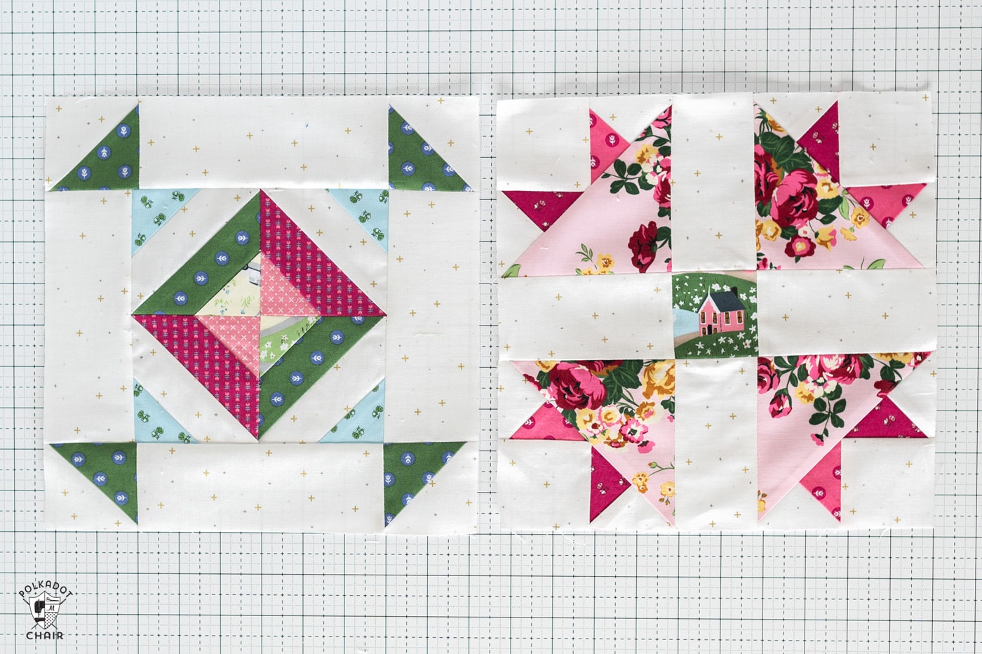 pink, green and blue quilt block pattern on white cutting mat