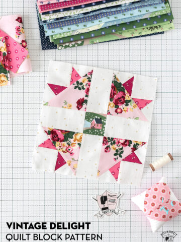 pink quilt block on cutting mat with fabric