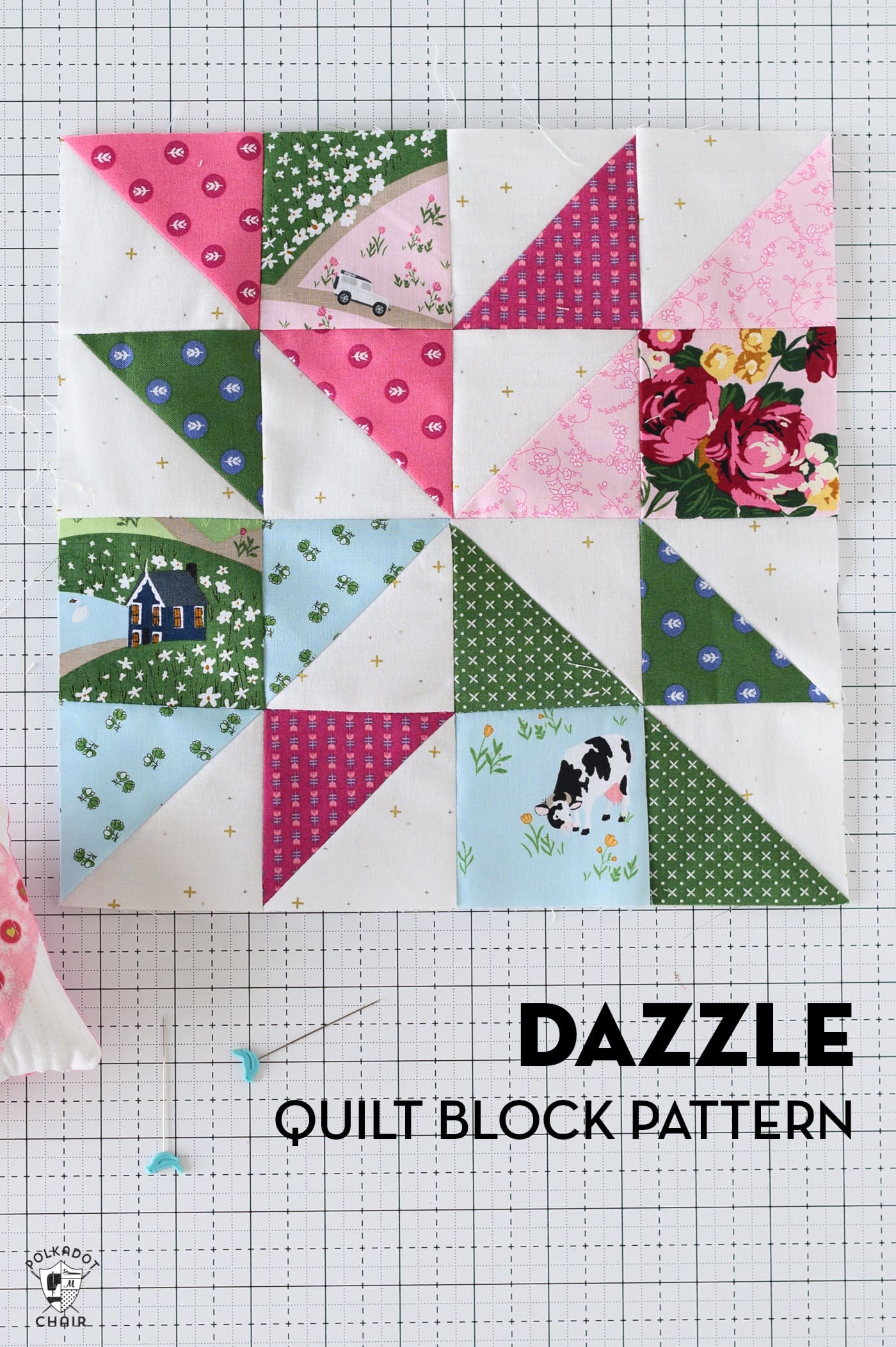 blue, green and pink quilt block on cutting mat