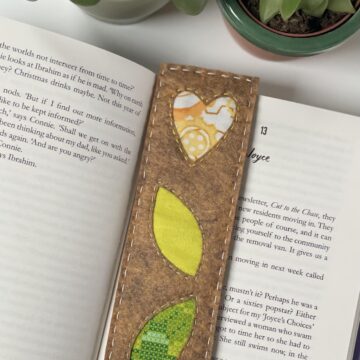 fabric bookmark on book