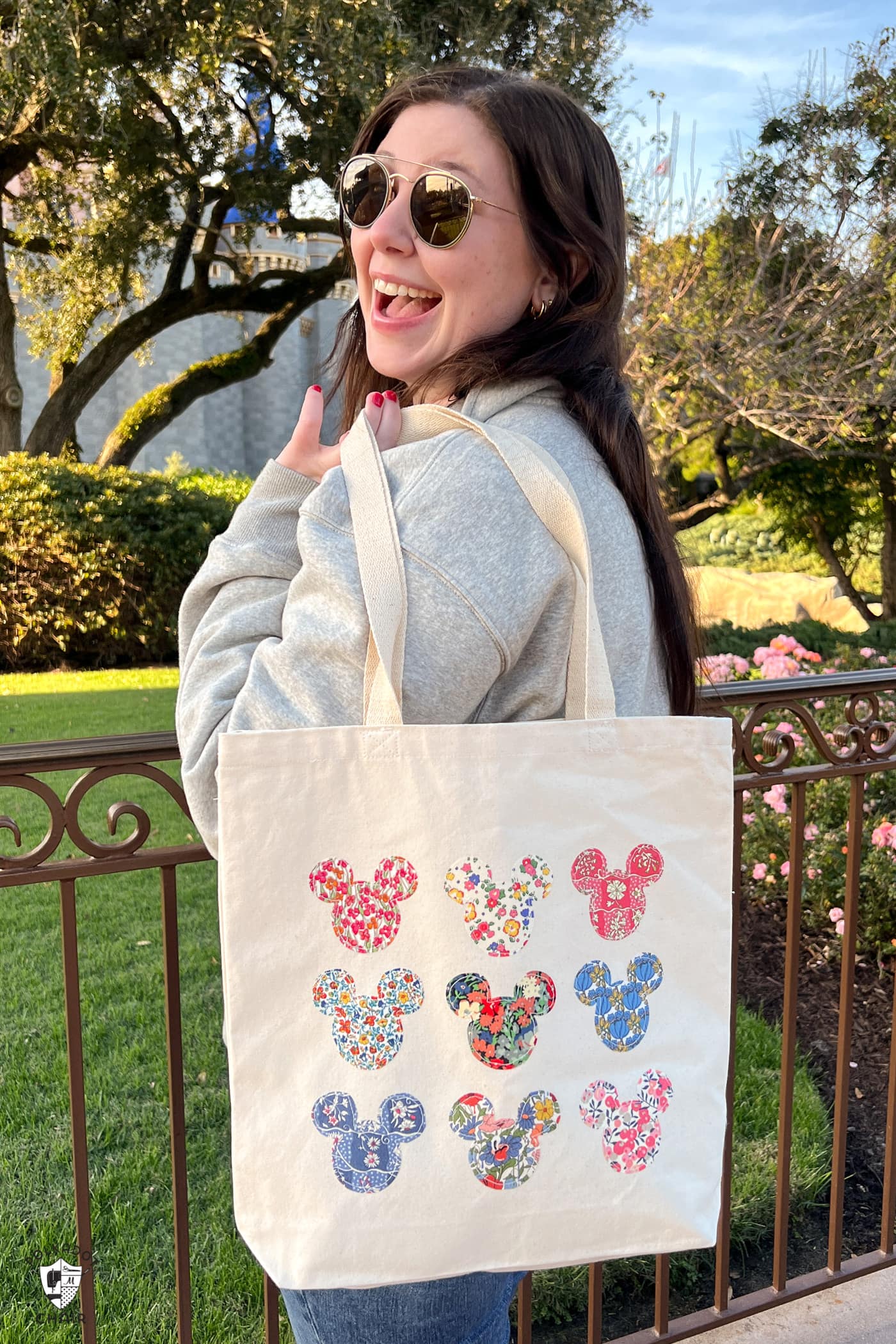 canvas tote bag with many floral mickey mouse shapes
