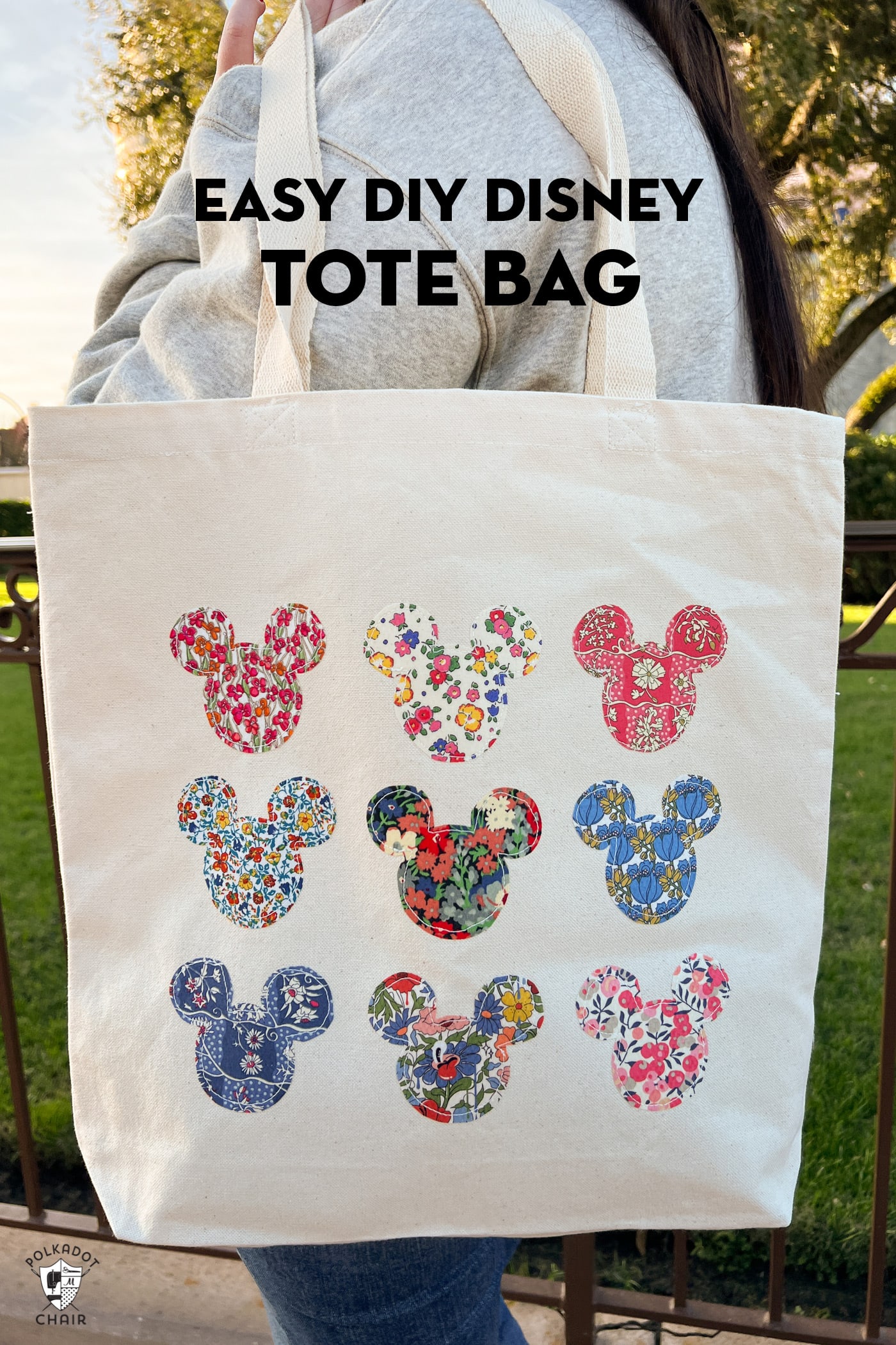 canvas tote bag with many floral mickey mouse shapes