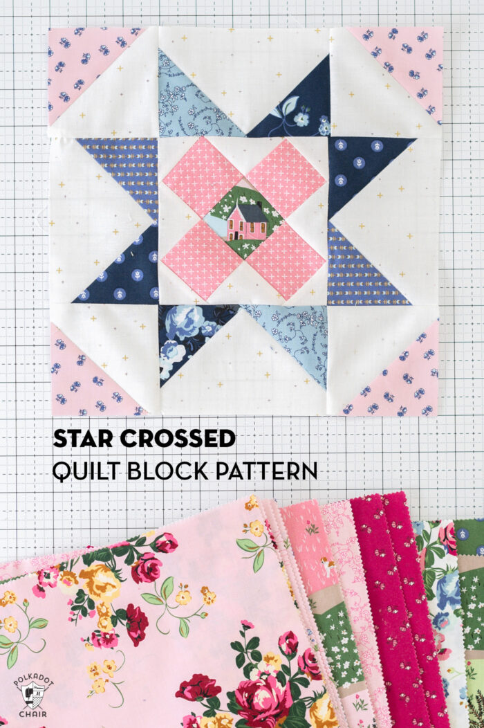 Blue and pink quilt block on white cutting mat