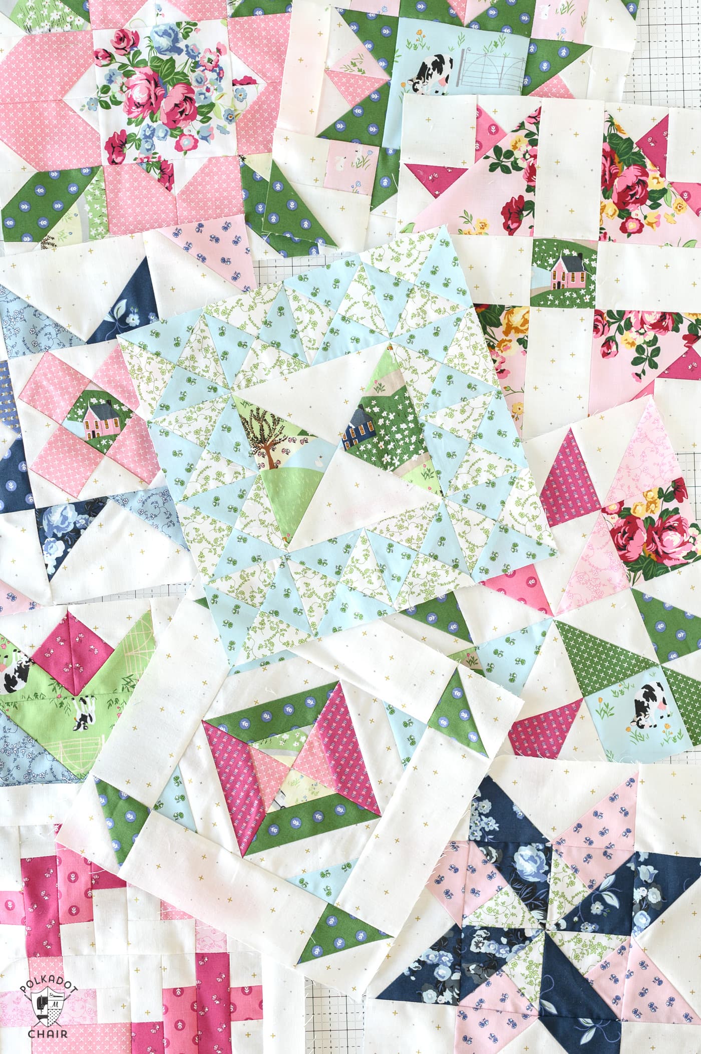 multiple colorful quilt blocks on cutting mat