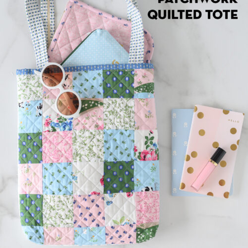 pink, blue and green patchwork tote bag on table