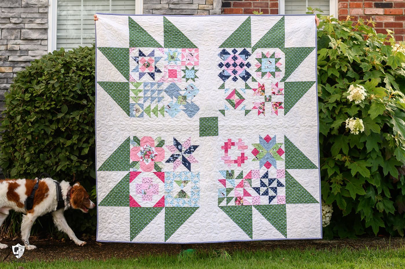 sampler quilt outdoors with dog in the foreground