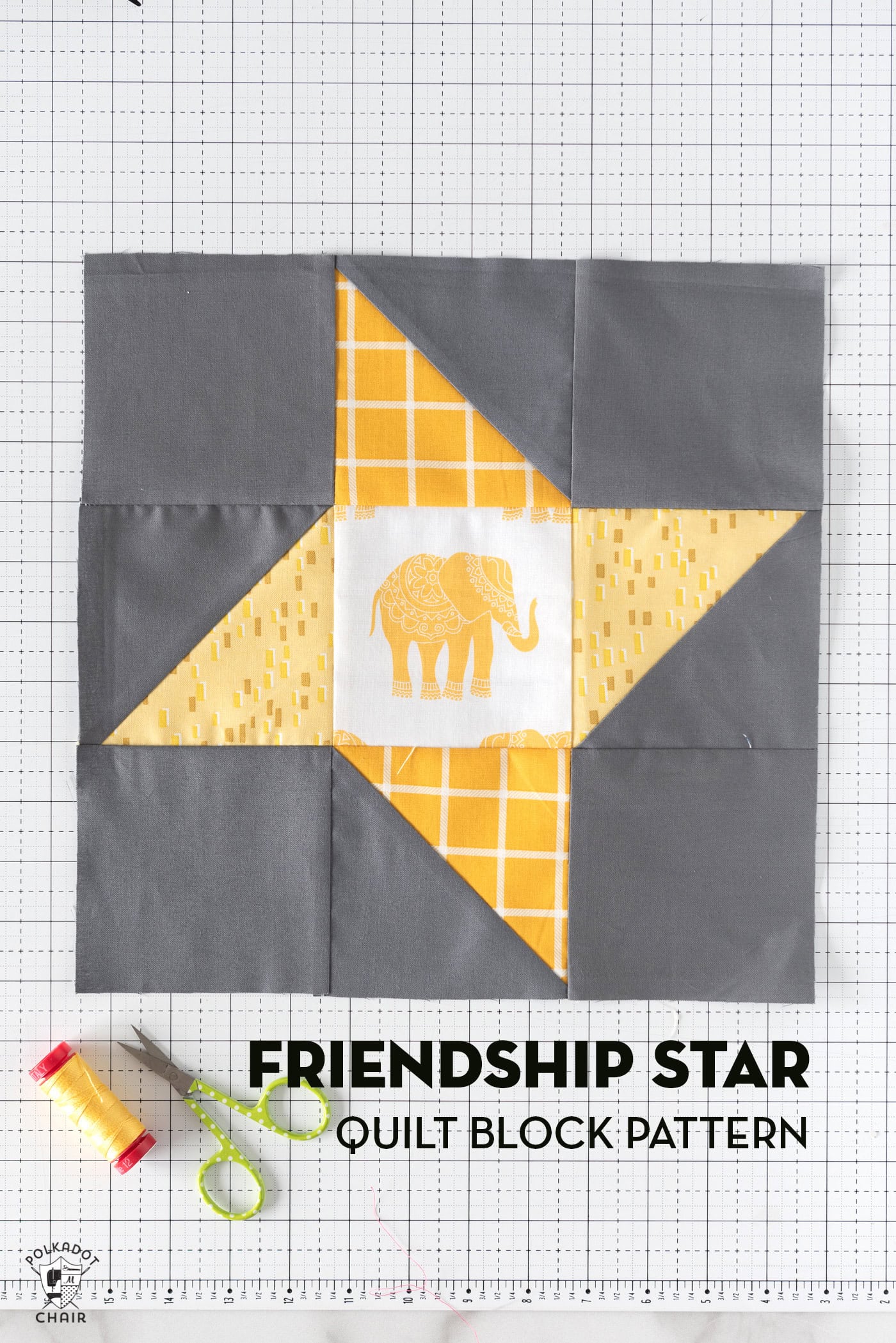 Friendship star quilt block on white cutting mat