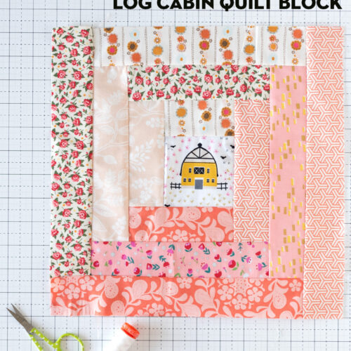 log cabin quilt block on cutting mat in orange and cream