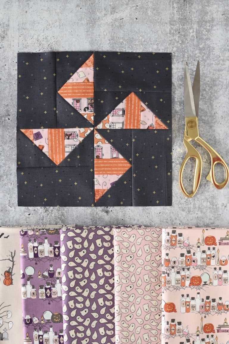 pinwheel block sewn in halloween fabrics
