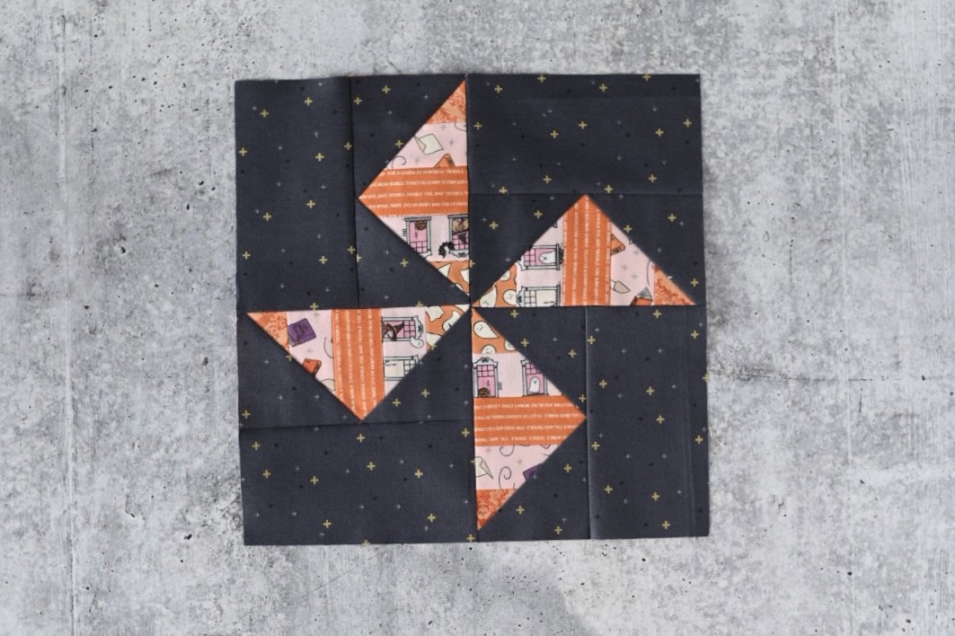 pinwheel block sewn in halloween fabrics