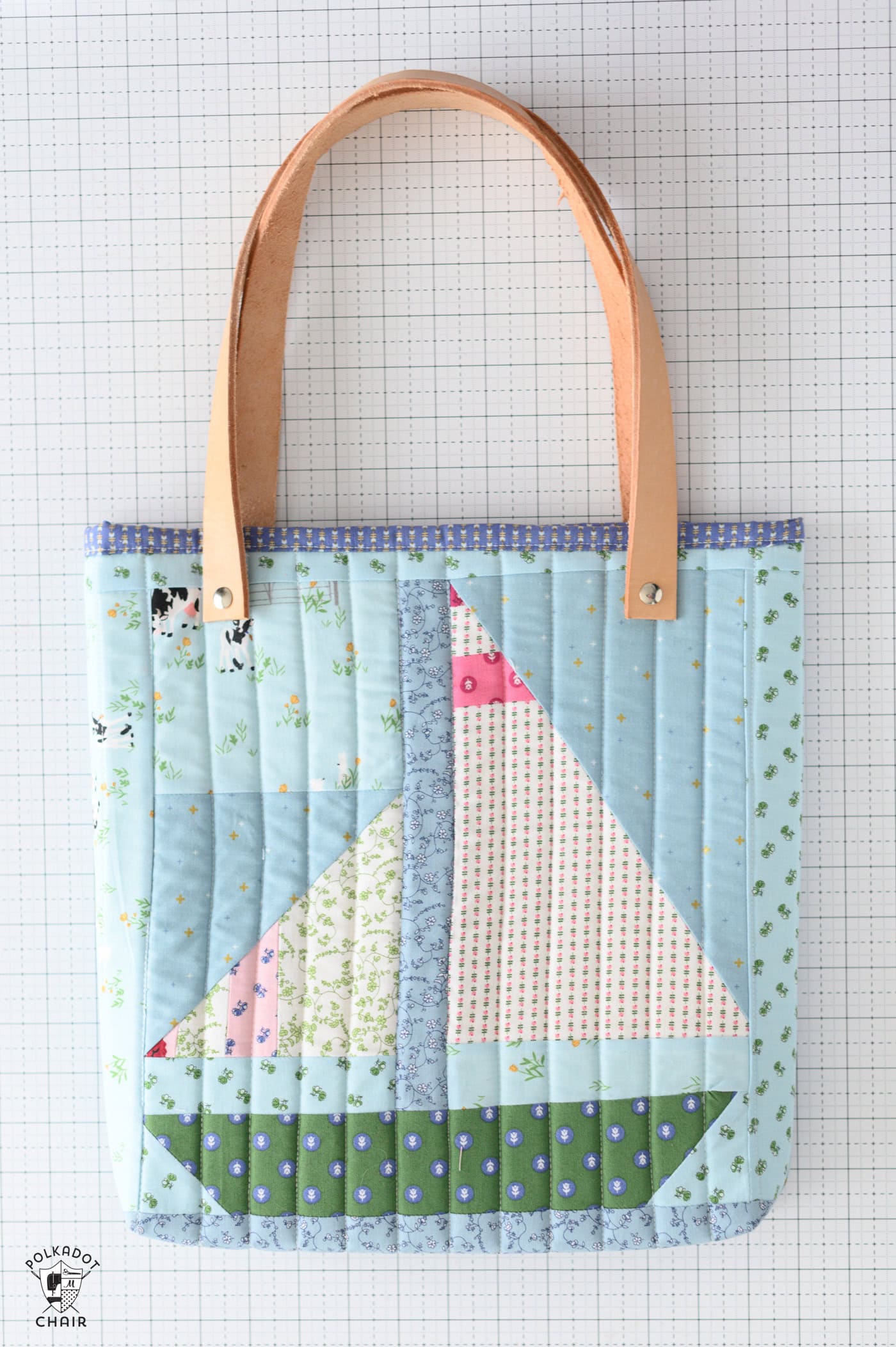 quilted tote bag on white cutting mat