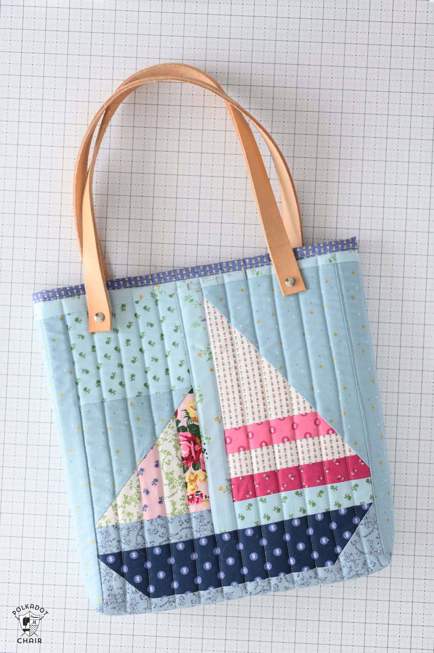 quilted tote bag on white cutting mat