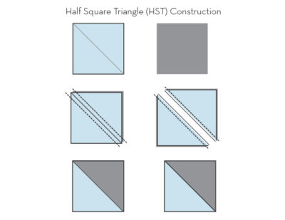 diagram of half square triangle assembly in gray and blue