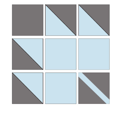 diagram of maple leaf quilt block assembly in gray and blue