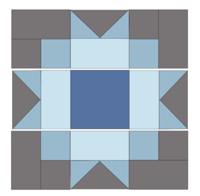 illustration of quilt block construction shown in blues and grays