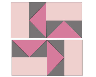 gray and pink illustration of turnstile quilt block construction