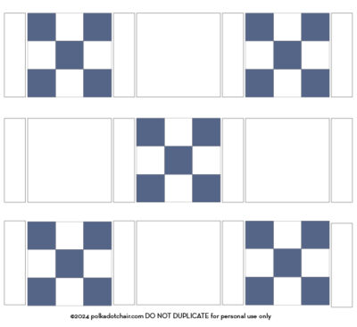 Irish chain quilt block illustrations in blue and white