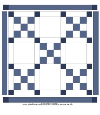 Irish chain quilt block illustrations in blue and white