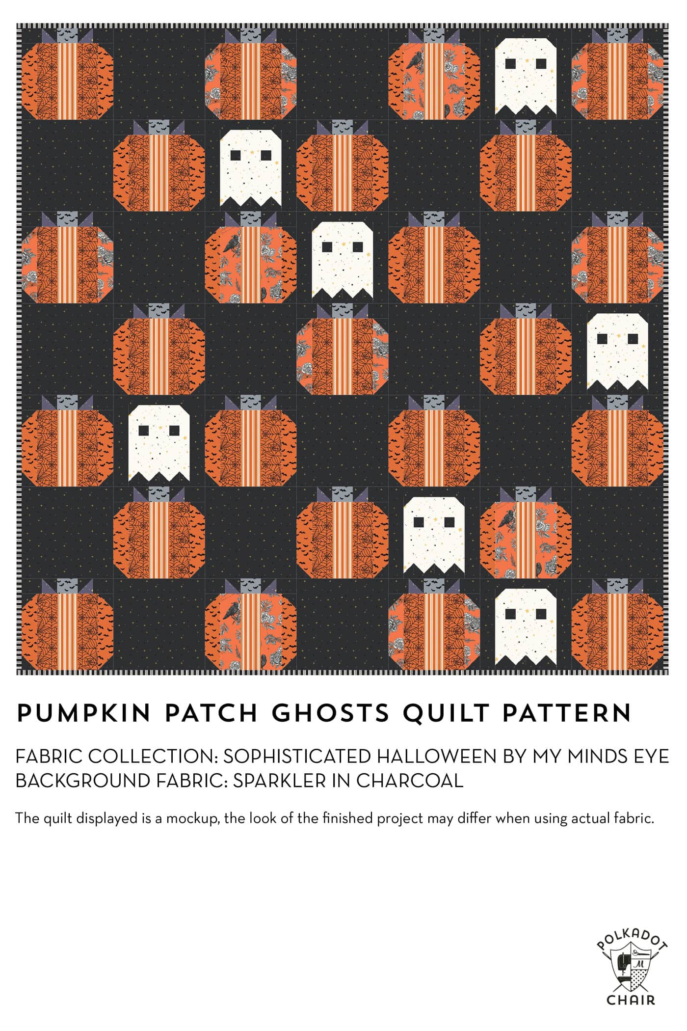 mockup of pumpkin halloween quilt pattern in oranges and creams and gray with text information at bottom