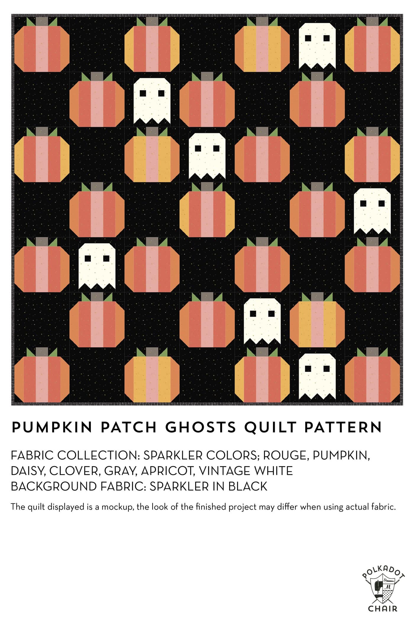 mockup of pumpkin halloween quilt pattern in oranges and creams and gray with text information at bottom