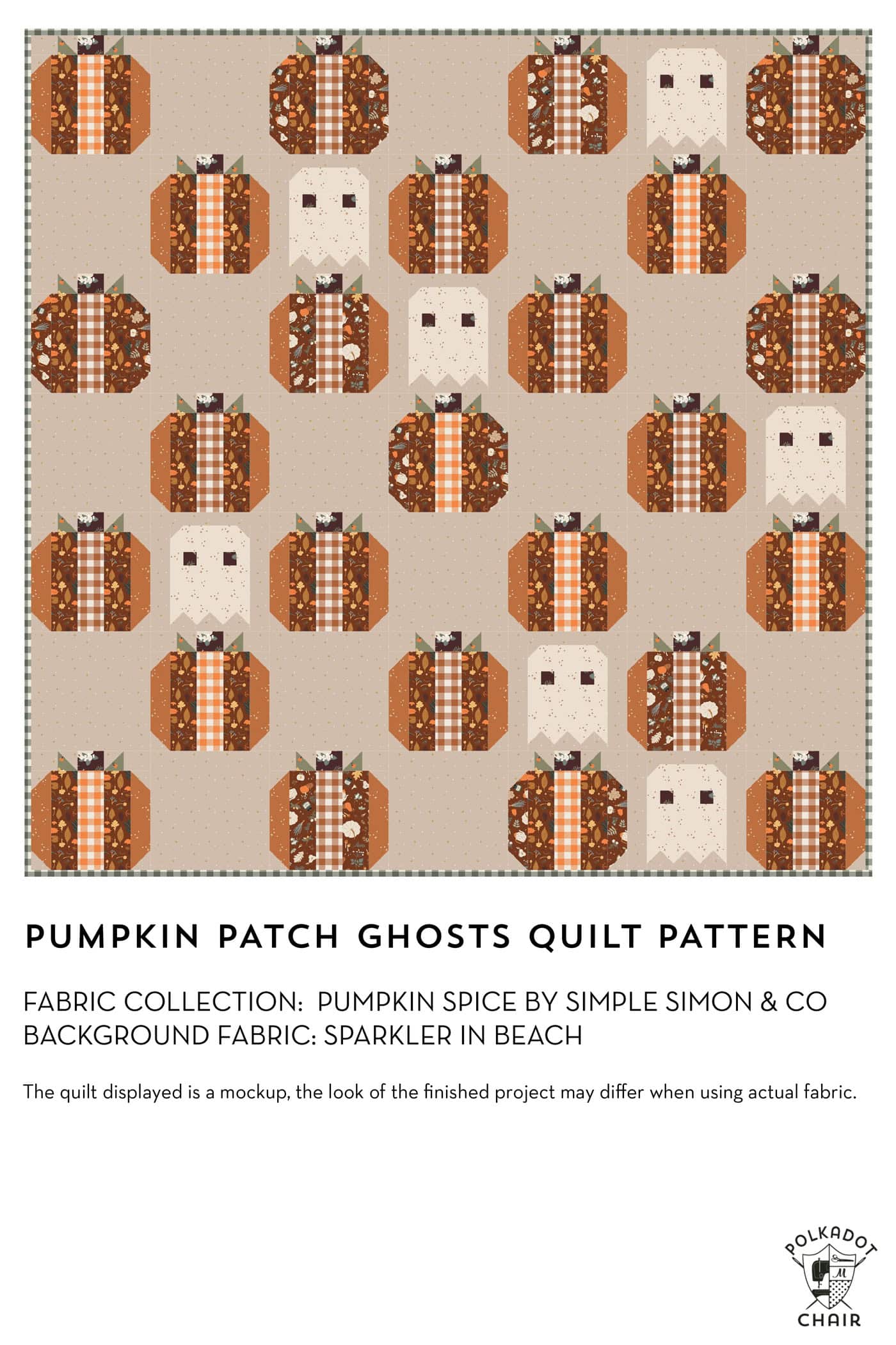 mockup of pumpkin halloween quilt pattern in oranges and creams with text information at bottom