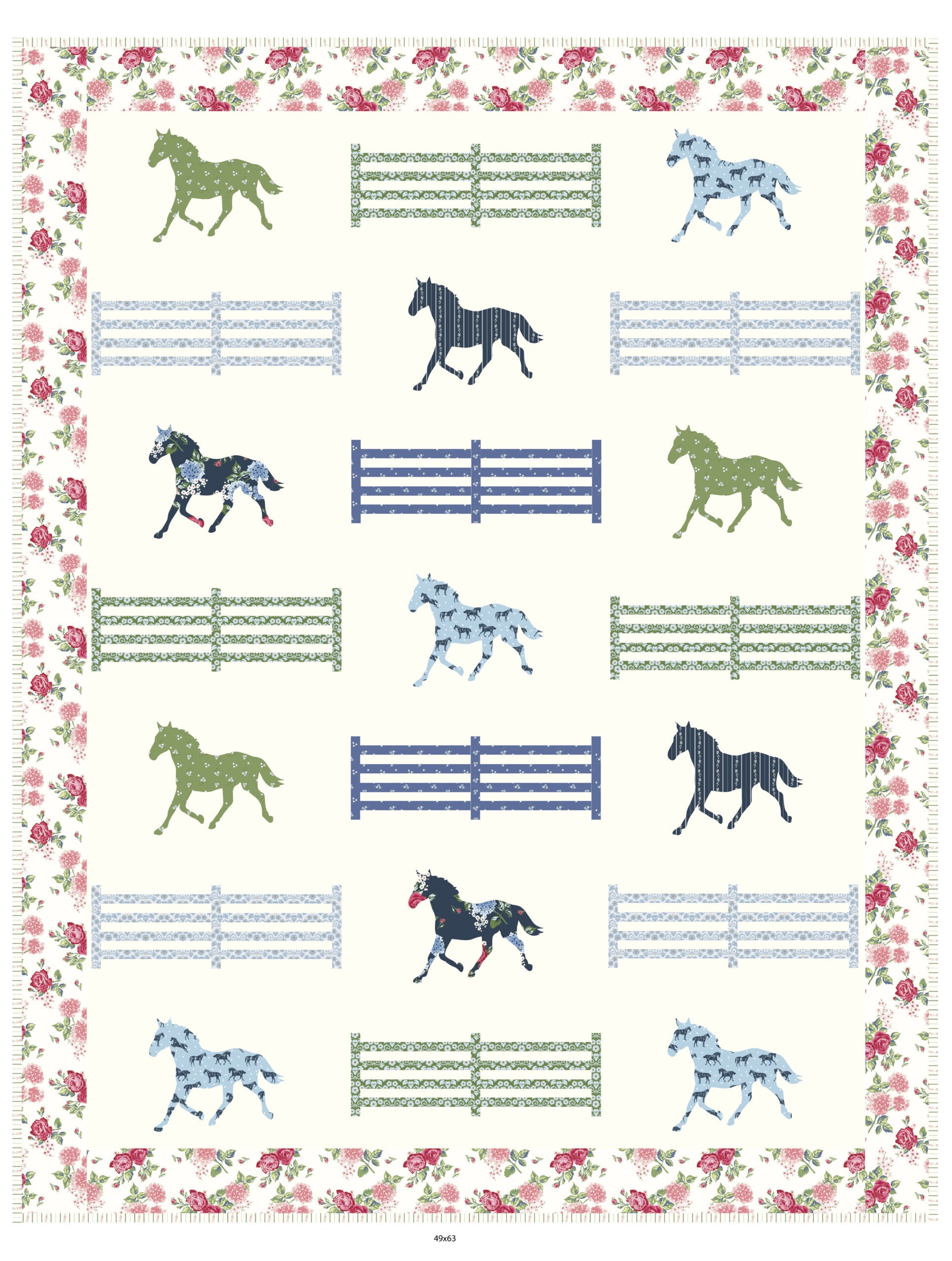 Mockup of the Bluegrass Pastures Quilt Pattern by Melissa Mortenson - horse and fence quilt desgin