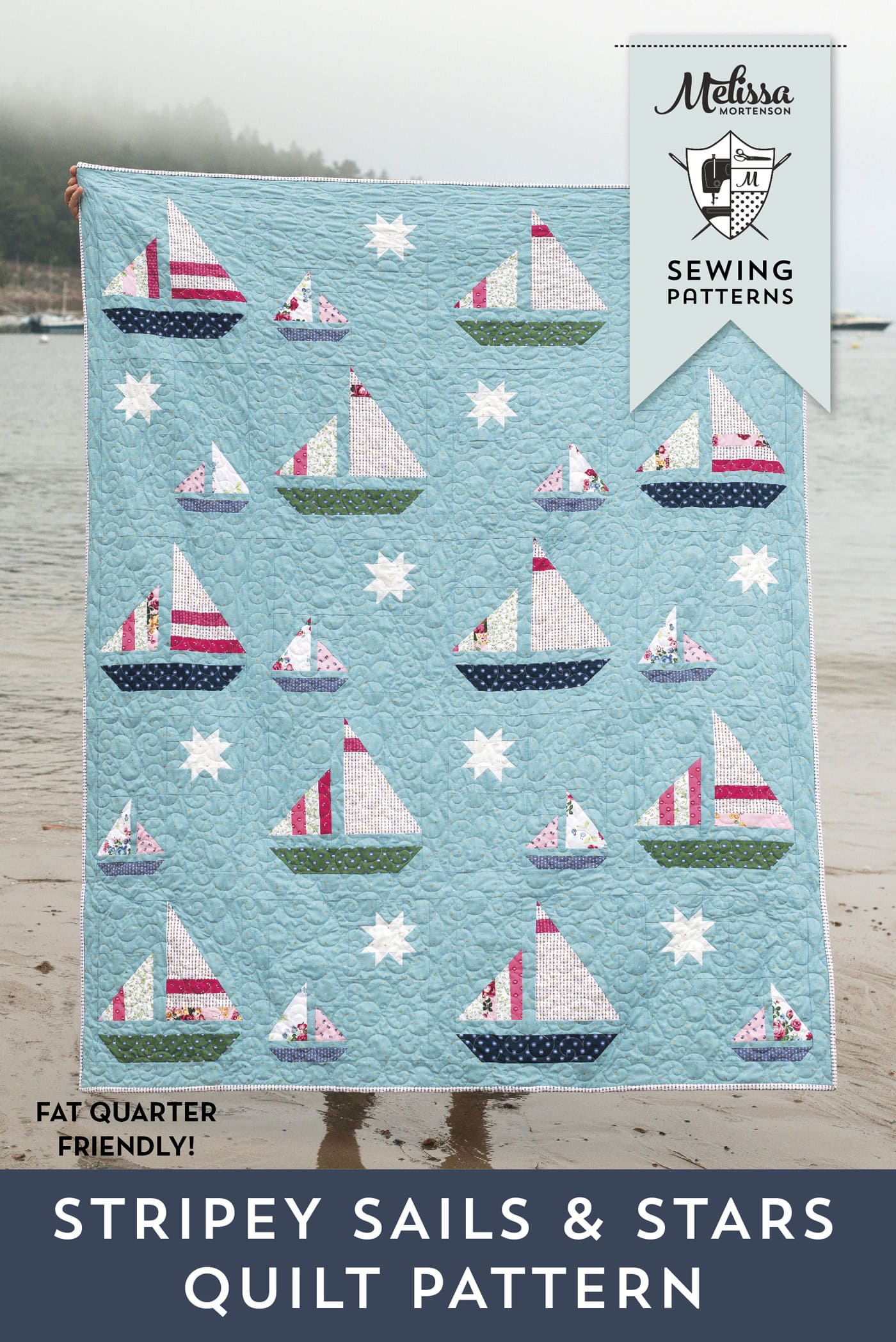 pattern cover of the stripey sails quilt block - blue sailboat quilt outdoors