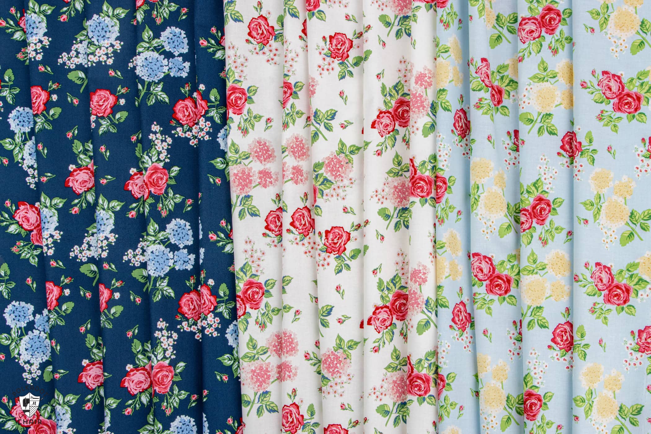 close up of floral fabrics in blues and greens