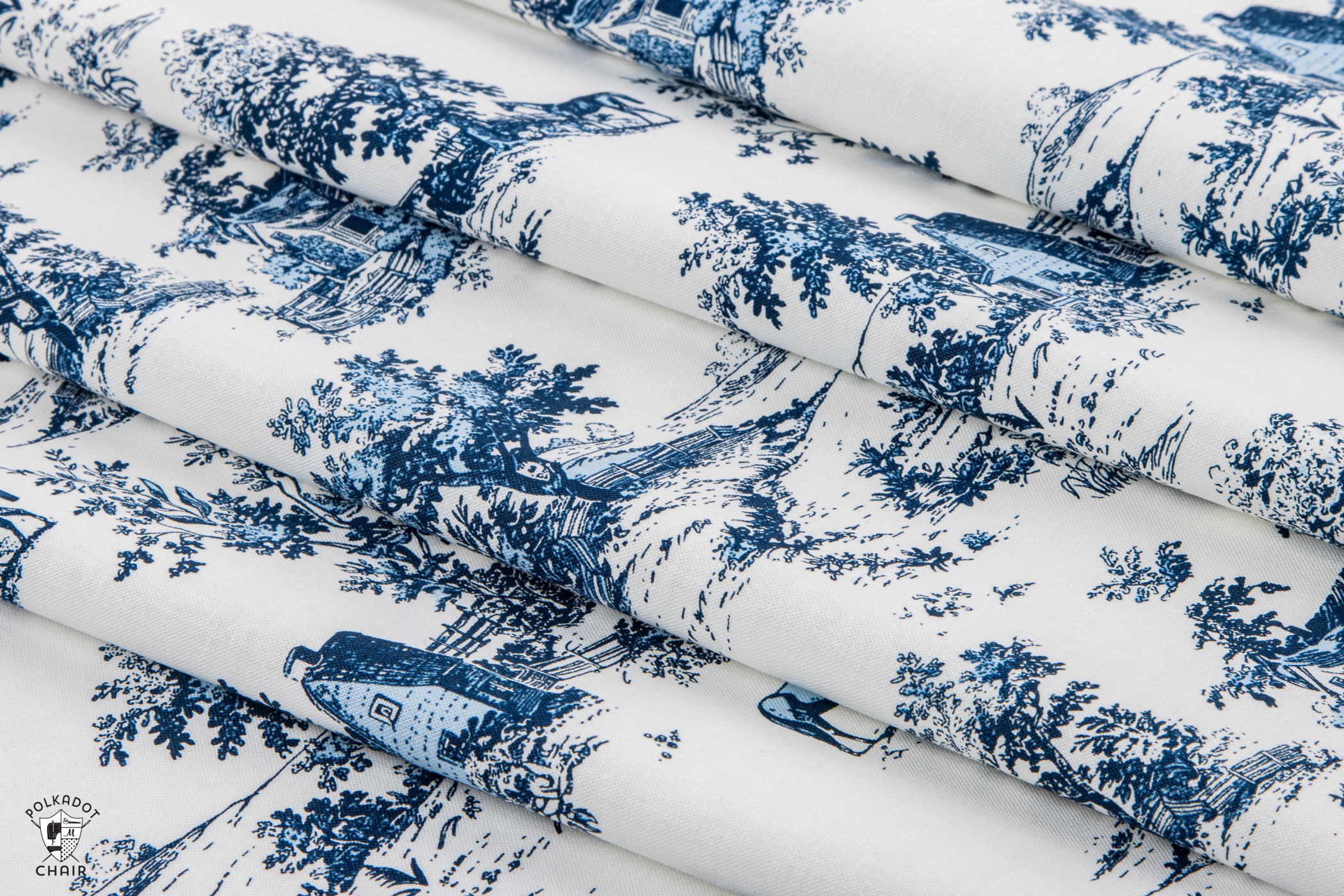 close up of navy toile fabric