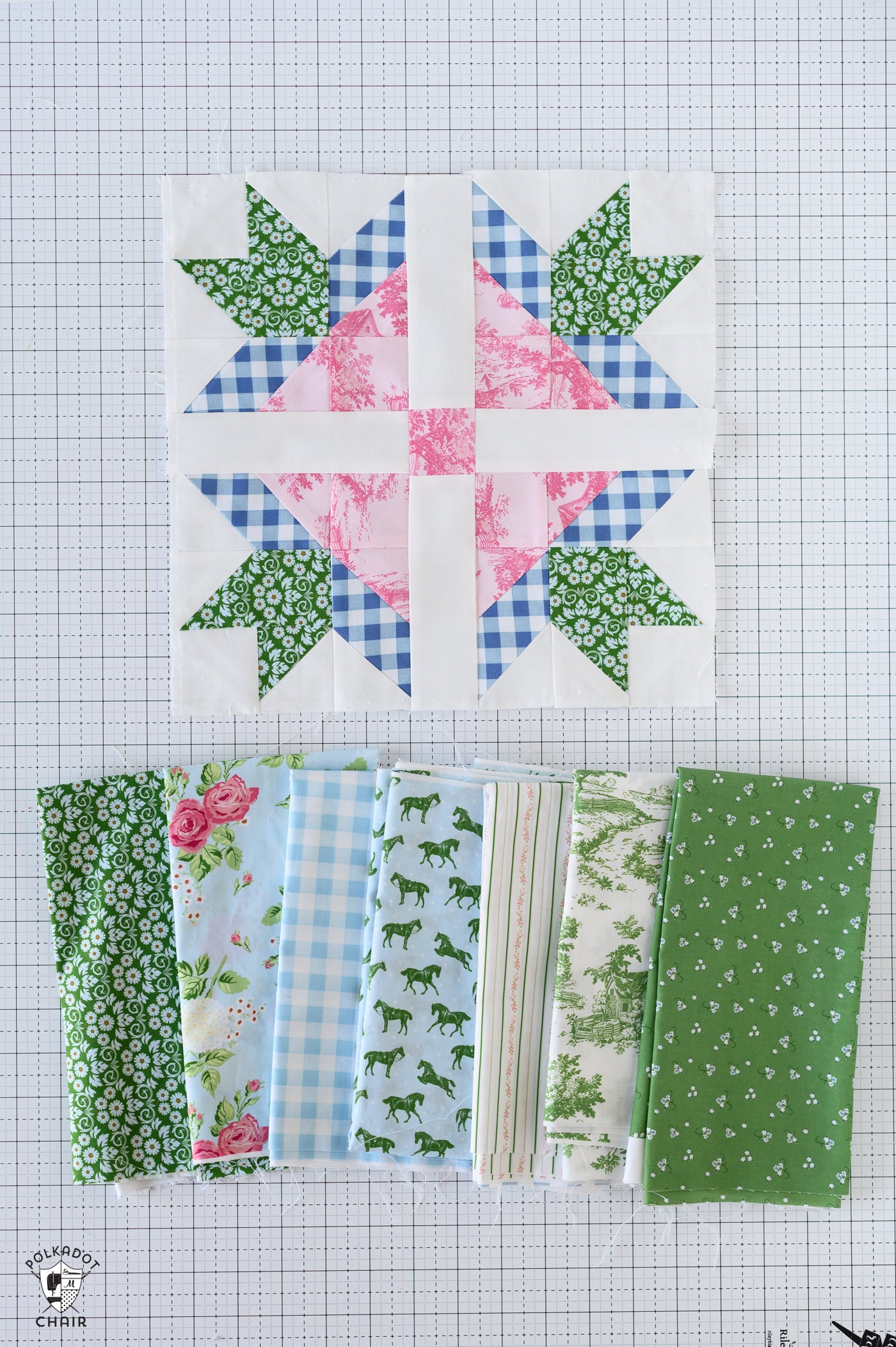 patchwork quilt block in pinks and greens