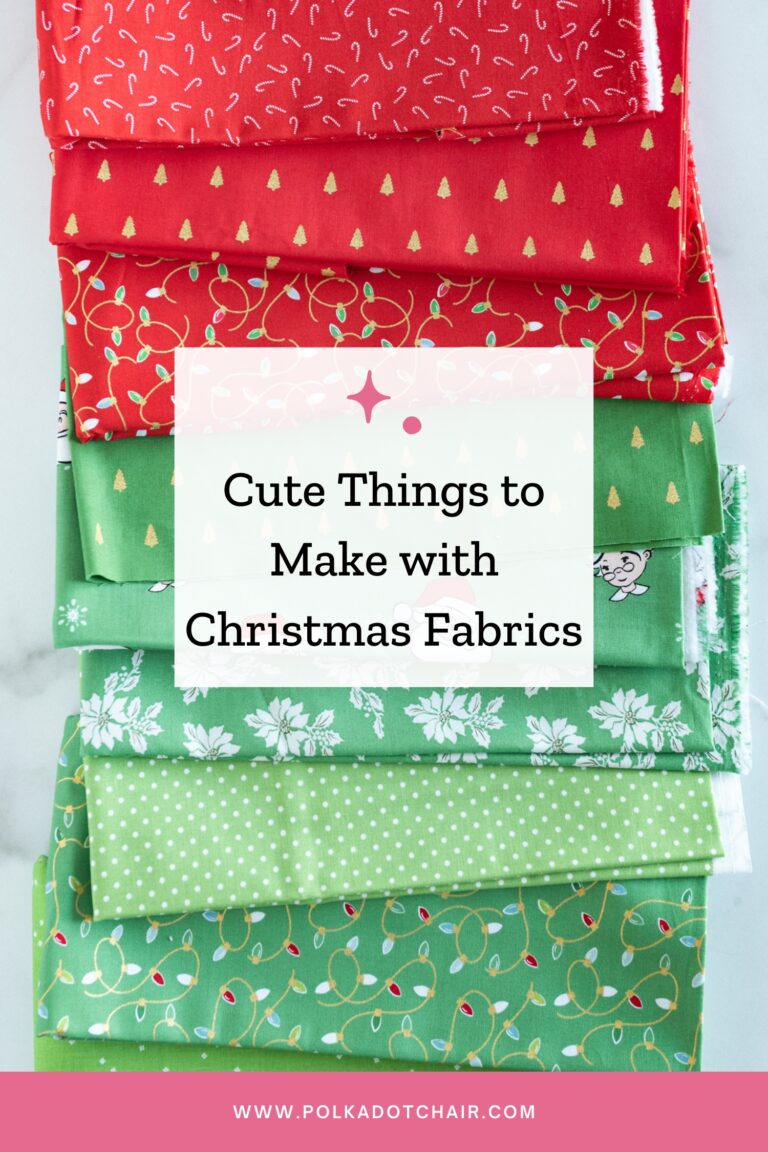 stack of christmas fabrics on table with text overlay
