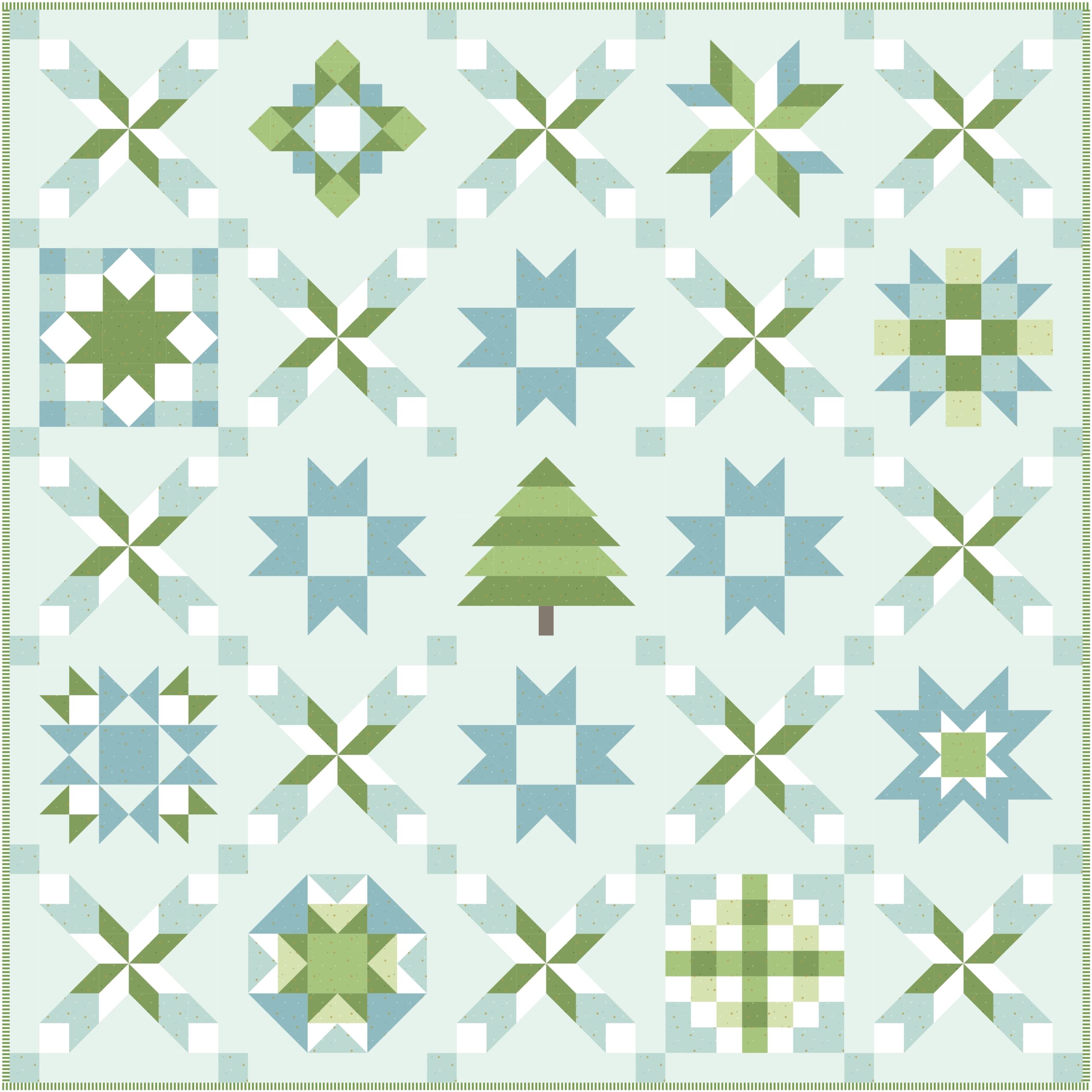 green and pale blue Christmas quilt illustration