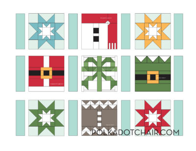 diagram of the assembly of a Christmas quilt using a variety of Christmas quilt blocks. colors are blue, red, gree, yellow & aqua